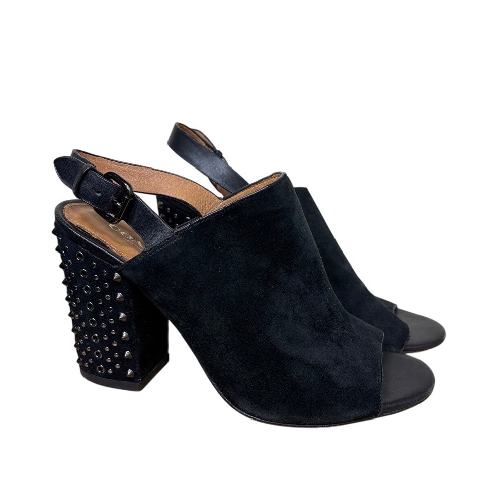 Coach Drew‎ Lux Studded Sandals 7.5 Black Suede Block Heel Slingback Peep Toe